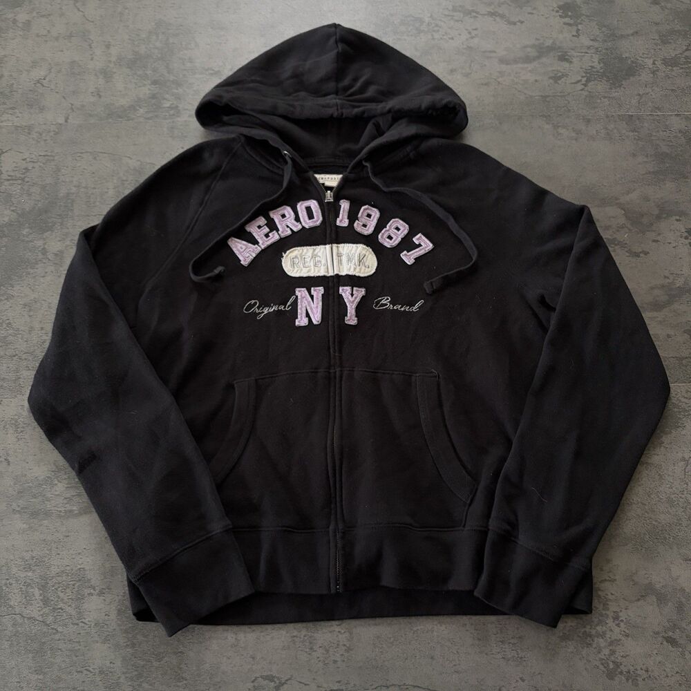 Y2K Aeropostale Black Full Zip Hoodie Jacket  Script Women's Sz XL